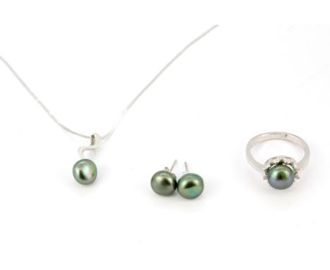 A sterling silver jewellery suite consisting of stud earrings, a ring (N), and necklace set with green pearls. With certifica