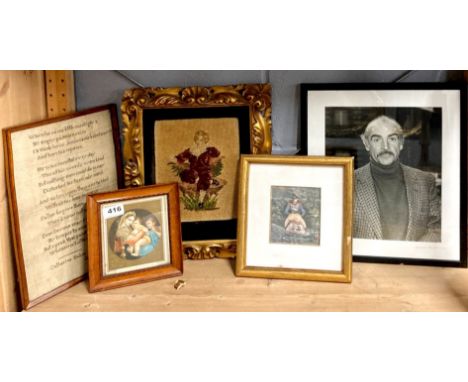 A gilt framed early tapestry, together with a limited edition 2/10 photograph of Sean Connery, 33 x 38cm, an early sampler an
