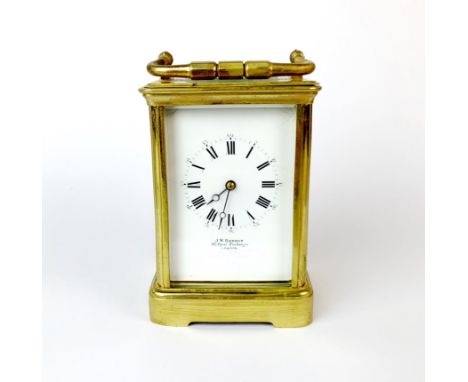 A JW Benson gilt brass carriage clock with 8 day movement, H. 16.5cm, refurbished September 2021 but currently not in working