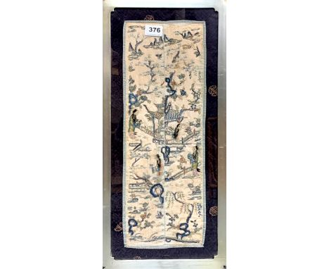 A framed Chinese hand embroidered antique silk panel, frame size 27 x 56cm.
