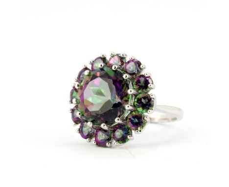 A 925 silver ring set with mystic green topaz, approx. 11.10ct total, (K.5). With certificate.