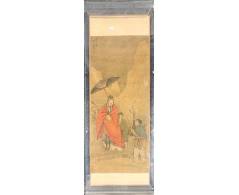 A large Perspex framed Chinese watercolour scroll of a sage with acolytes, frame size 70 x 170cm.