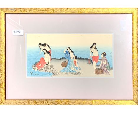 A gilt framed Japanese woodblock print of women bathing, frame size 49 x 35cm.