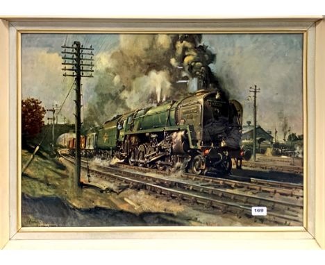 A large vintage framed Cuneo print of the steam engine Evening Star, frame size 84 x 60cm.