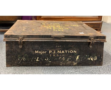 A military tin trunk for Major P J Nation, 78 x 39 x 28cm.