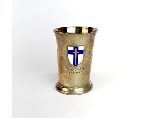 A cased WWII hallmarked silver presentation beaker, presented by the Commander of the Second Army, May 1945.