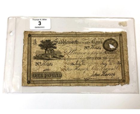 A provincial banknote Saddleworth Union Bank, One Pound, 1824, signed by John Harrop, scarce, this bank failed in 1826 