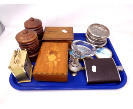 A tray of wooden boxes, containers, hip flask, silver plated dishes. 