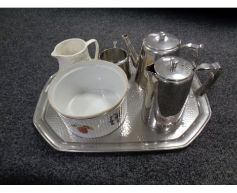 A stainless steel Old Hall tea service with tray, Worcester Evesham oven dish and a ceramic jug 