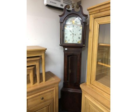 A 19th century inlaid mahogany longcase clock with painted dial and pendulum, no weights