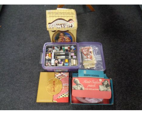 A box of sewing items, bobbins, thread, a vintage Morphy Richards hair salon pack etc.  