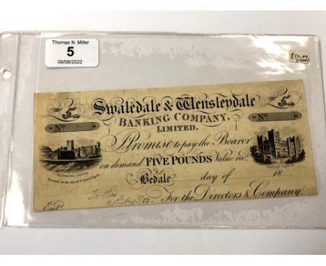 A provincial banknote Swaledale &amp; Wensleydale Banking Company Limited, Five Pounds, Bedale Branch, unissued £5 18xx, cut 
