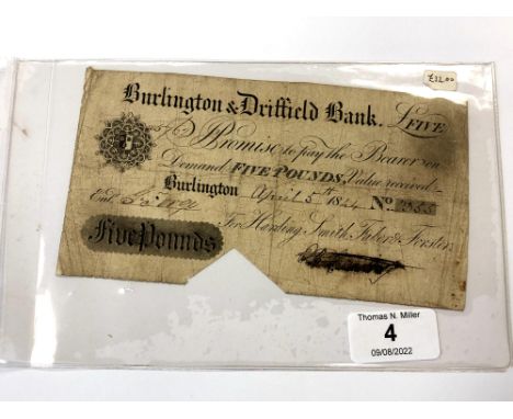 A provincial banknote Burlington &amp; Driffield Bank, for Harding, Smith and Stansfield, Five Pounds, 15th April 1844