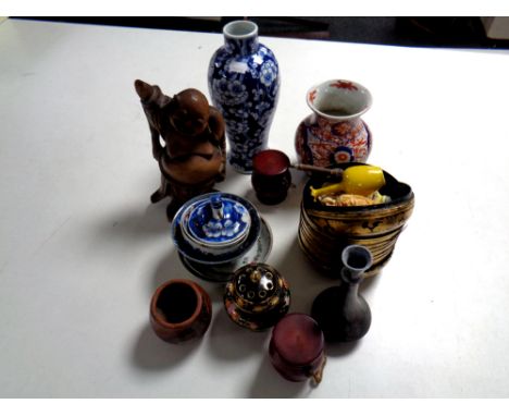 A tray of 19th century Chinese blue and white baluster vase, further Chinese tea bowls, miniature scent flask, lacquered bowl