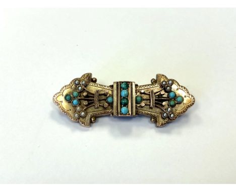 A Victorian yellow metal, seed pearl and turquoise brooch 