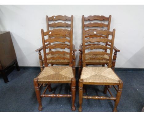 Four antique style country ladder back chairs. 