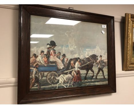 After Sir Alfred J Munnings : The Blue Wagon, collotype print in colours, 41 cm x 52 cm, in period oak frame. 