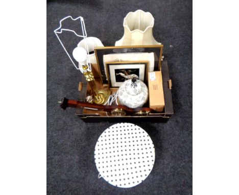 Three hat boxes together with a heavy quality brass Corinthian column lamp with shade, a further two table lamps, a barometer