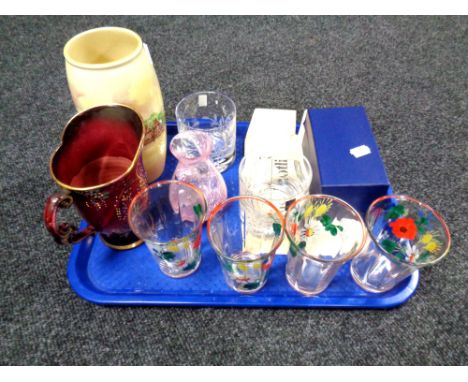 A tray of glass, Arthur Wood jug, Royal Doulton vase, silver plated Ronson lighter. 