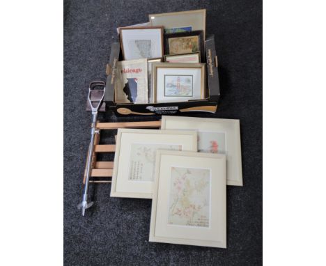 A collection of pictures and prints, an artists table easel, a shooting stick. 