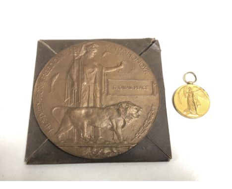 A First World War Victory Medal and death plaque in envelope of issue, issued to 24286 Private Thomas Place, Northumberland F