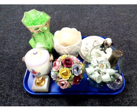 A tray of Maling floral jug, Sylvac vase, Poole Pottery storage container, brass miner's lamp. 