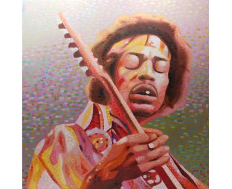 Peter J Bailey (British 1951-): Jazz Series - 'Jimi Hendrix', oil on canvas signed and inscribed verso 99cm x 99cm (unframed)