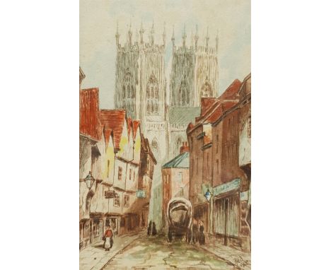 RAB (British early 20th century): York, watercolour signed with initials and dated 1928, 14cm x 9cm; five 19th century engrav