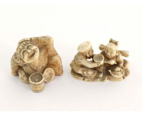 Two Japanese carved ivory netsuke, one formed as two figures drinking tea, the other one carved as a smiling figure, one mark