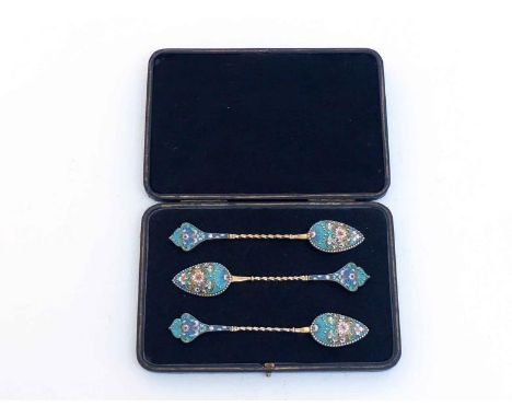 Three silver-gilt and polychrome shaded cloisonne enamel spoons, each struck with spurious Russian "84" standard mark only, f