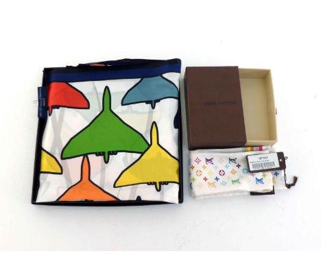 Louis Vuitton, a silk bandeau, cream ground, multi coloured logo design, in its box, together with a Finningley Collection si