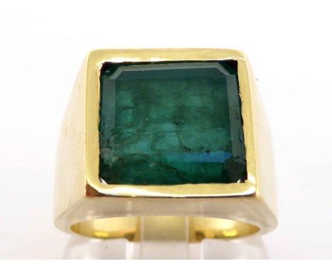 A gentleman's emerald dress ring, the square emerald cut stone 11.1 x 12.1 x 7mm, the shank stamped '750', finger size R/S, 1