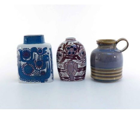 Two Royal Copenhagen ceramic vases, one rectangular with wide neck with blue and puce floral decoration on the white body, Ht