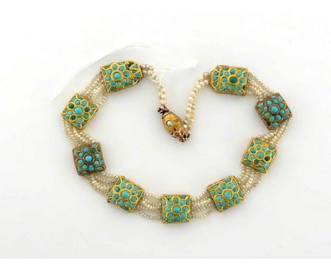 An Indian gilt, enamel, turquoise and seed peal necklace, composed of nine square panels, with fiver strand seeded pearl conn