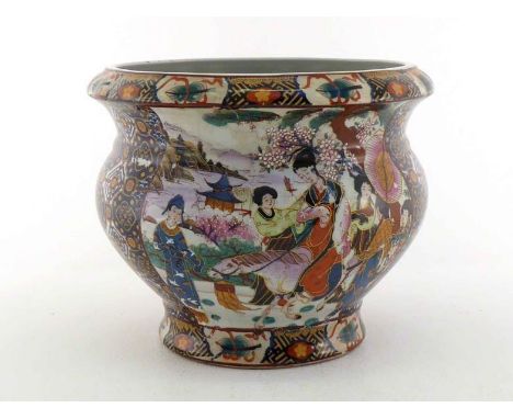 A Chinese ceramic planter of broad baluster shape with panels depicting a lady riding a horse and  with attendants. Late 20th
