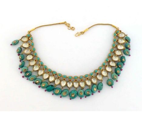 An Indian enamel, turquoise, ruby and diamond fringe necklace, the fringe composed of pear shaped turquoise drops each rub ov