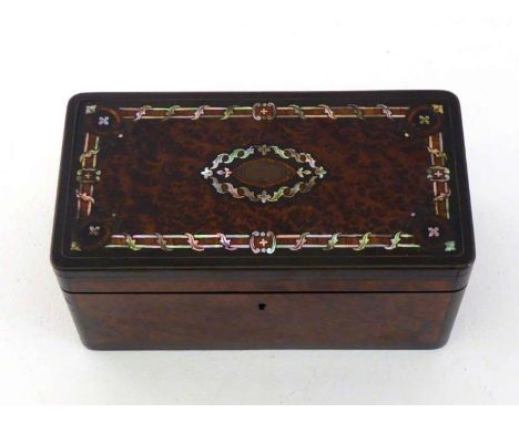 A late Victorian burr walnut panelled mahogany-cased tea caddy with brass stringing, the lid inlaid with kingwood, brass  and