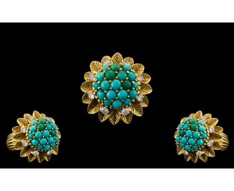 18ct Yellow Gold - 1970's Retro Turquoise and Diamond Set Dress Ring. The Design In the Form of a Flower Bed. The Central Tur