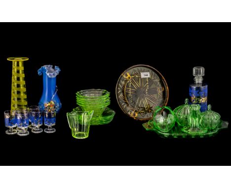 Collection of Coloured Glass Items, comprising a green glass dressing table set and tray; an amber glass dish; 4 green glass 