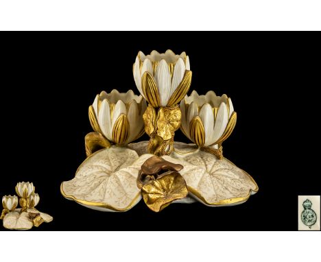 Royal Worcester - Superb Large and Impressive Lily Pad Centrepiece In Gold and Cream Highlights ( Larger than most ) Date 188
