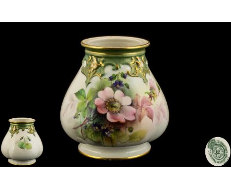 Royal Worcester Hand Painted Ovoid Shaped Small Vase, Decorated with Painted Images of Summer Flowers. Date 1908 &amp; Shape 