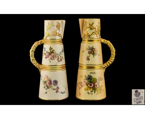 Royal Worcester Pair of Fine Hand Painted Blush Ivory Floral Jugs / Ewers with Naturalistic Handles, Each Jug Decorated with 