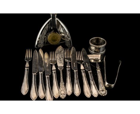 Assorted Plated Items Nine William Hutton flatware, napkin ring, sugar tongs etc + Scottish plated stirrup flask. 