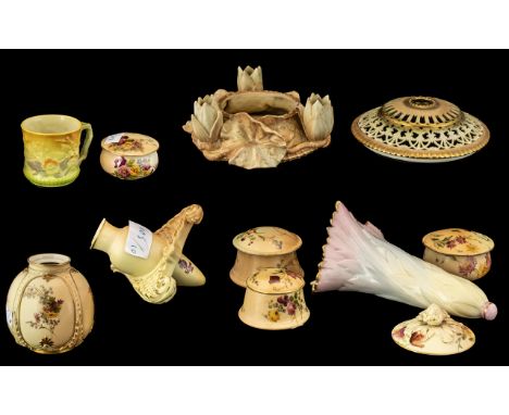 Collection of Royal Worcester Blush Ivory Hand Decorated Items comprising 3 lidded trinket boxes, bulbous shaped vase (lackin