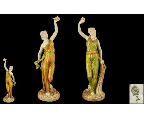 Royal Worcester Stunning Pair of Hand Painted Classical Female Figurines ' Temple Maidens ' Each Holding Doves of Peace with 