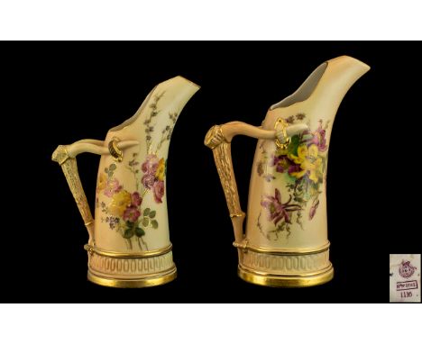 Royal Worcester Pair of Fine Quality Hand Painted Blush Ivory Naturalistic Handle Jugs, Each Decorated In Painted Floral Imag