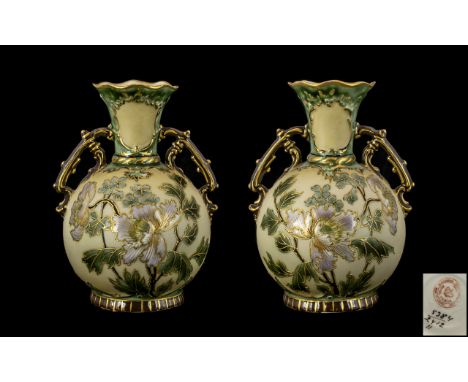 Royal Vienna Alexandria Porcelain Works Pair of Fine Quality Painted Enamel Twin Handle Globular Shaped Vases, Decorated In P