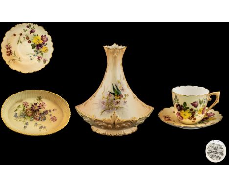 Royal Worcester Collection of Hand Painted Blush Ivory Items ( 4 ) Items In Total. Comprises 1/ Locke and Company Small Attra