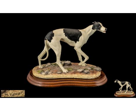 Border Fine Arts B0348B Hand Painted Sculpture / Figure ' Greyhound ' Black and White. Sculpture M. Turner. Raised on Stepped