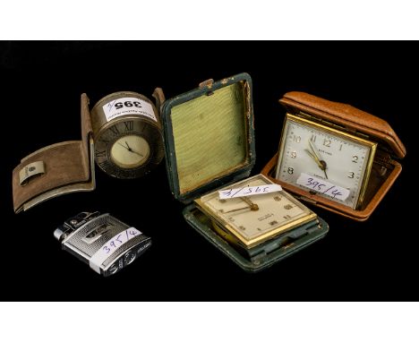 Two Leather Boxed Travelling Clocks with a Metal Designer Mantle Clock Presented by the Emirates Banking Groups, Together wit